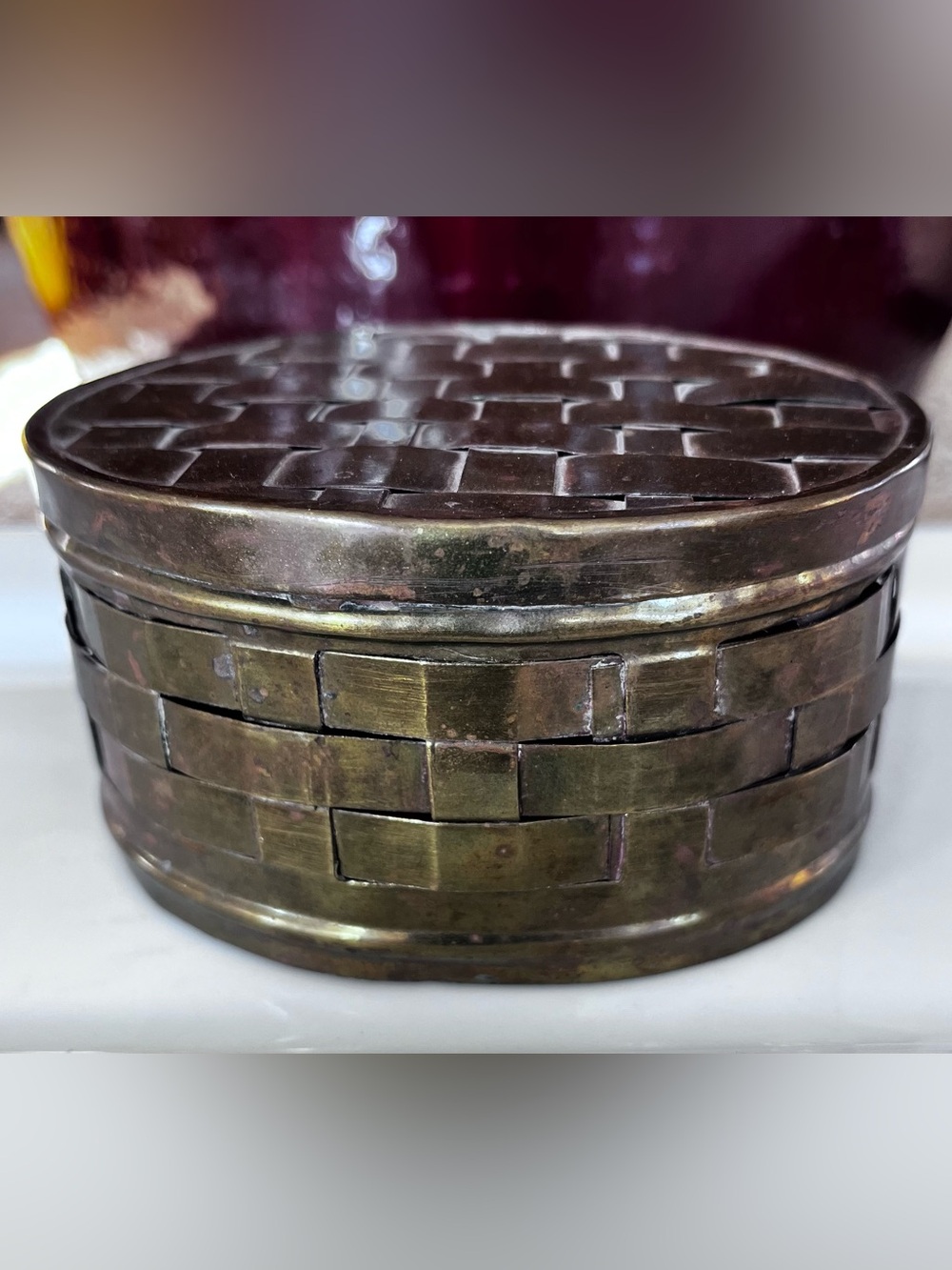 Antique-Style Basket Woven Brass Decorative Box 4 x 3 x2 oval